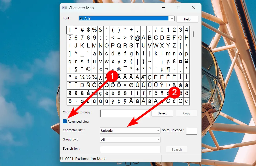 Tùy chọn nâng cao trong Bản đồ Ký tự để thay đổi mã hóa ký tự trên Windows 11.