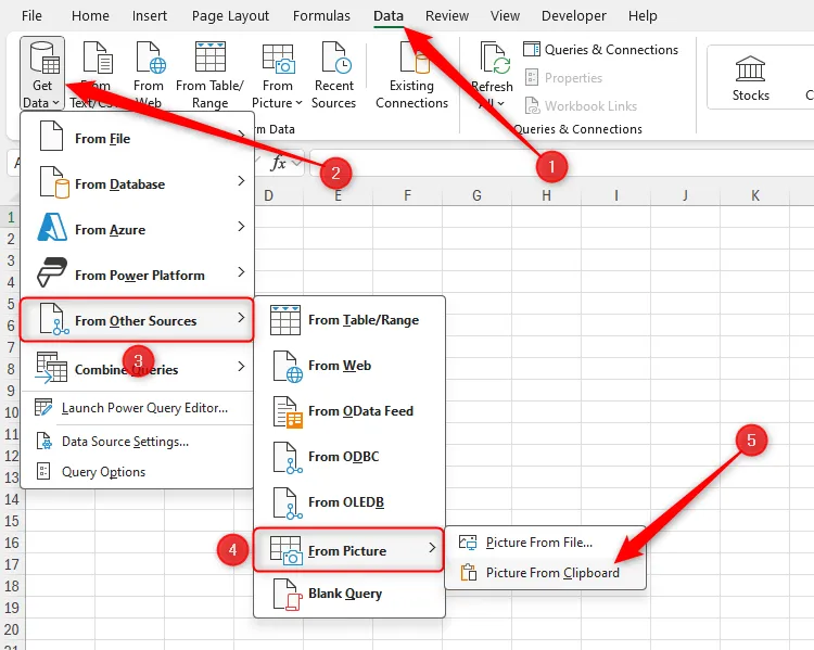 Tùy chọn 'Picture From Clipboard' trong menu 'Get Data' của tab 'Data' trên dải băng Excel, hướng dẫn cách nhập dữ liệu từ ảnh chụp màn hình.