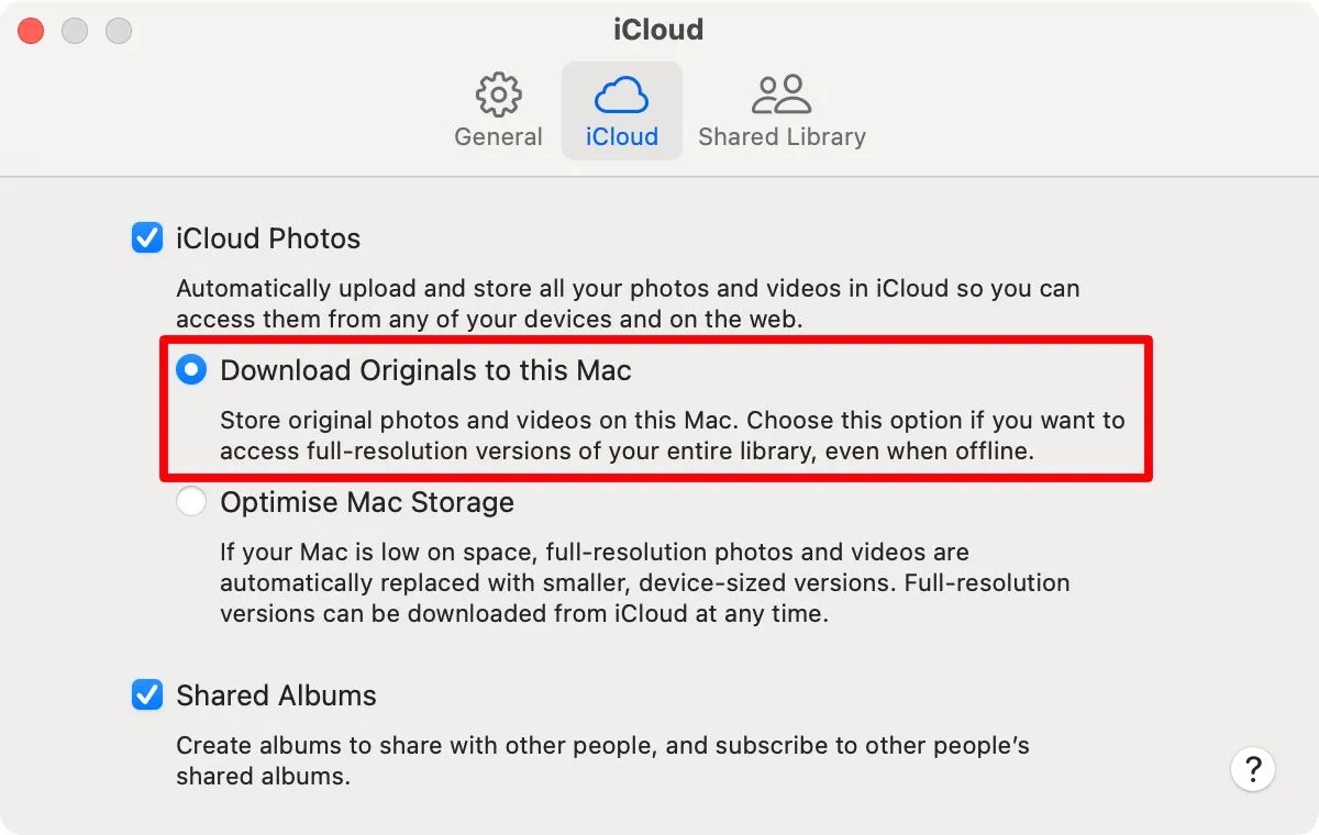 Tùy chọn &quot;Tải xuống bản gốc về máy Mac này&quot; trong cài đặt iCloud của ứng dụng Ảnh trên macOS.