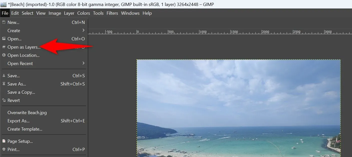 Tùy chọn &quot;Tệp &gt; Mở dưới dạng Lớp&quot; trong GIMP để chèn thêm ảnh làm watermark.