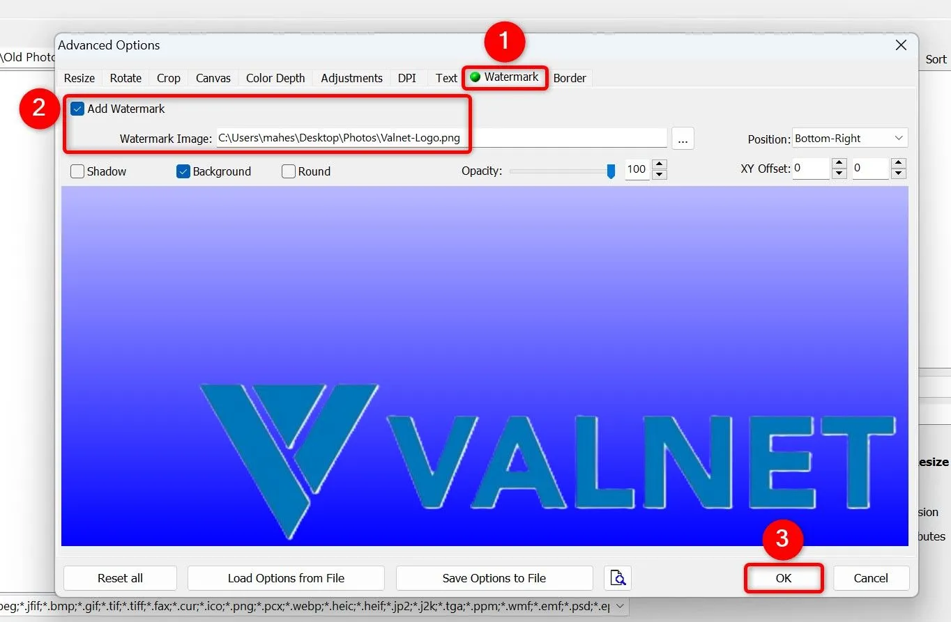 Tùy chọn &quot;Thêm Watermark&quot; và cài đặt vị trí, độ mờ cho watermark hình ảnh trong FastStone Photo Resizer.