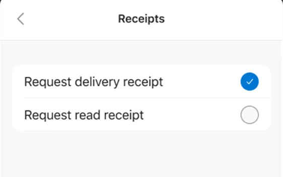 Tùy chọn yêu cầu các loại biên nhận email khác nhau trong ứng dụng Microsoft Outlook di động.