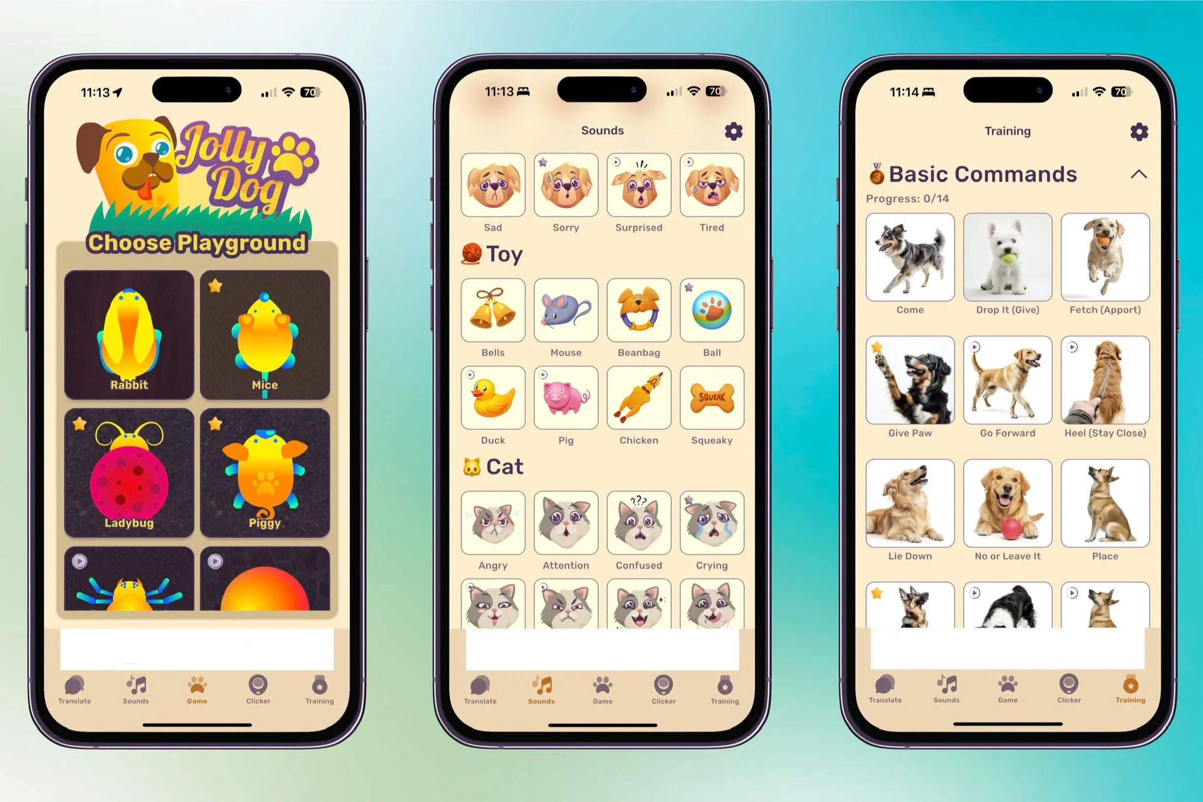 Ứng dụng Jolly Dog trên nhiều chiếc iPhone với nền màu sắc rực rỡ