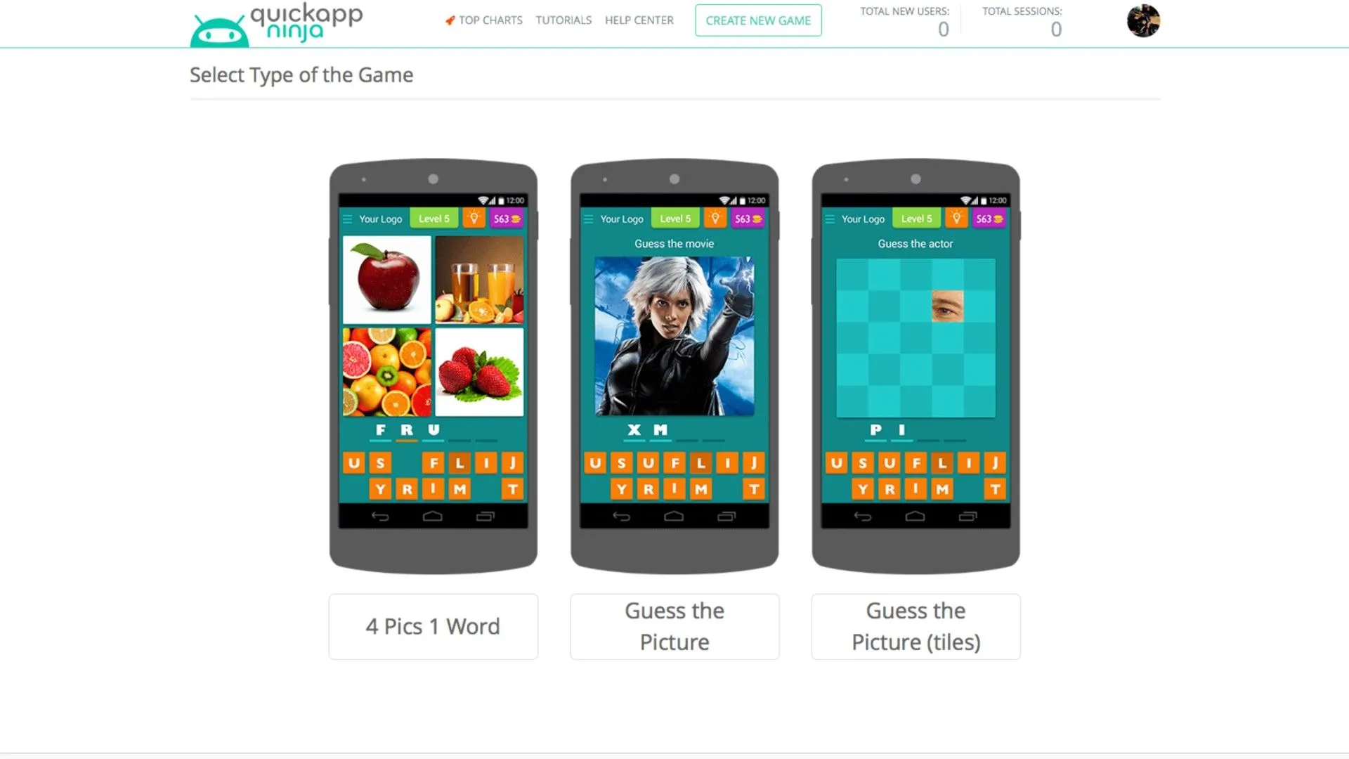 Ứng dụng QuickAppNinja hiển thị một trò chơi đố vui với nhân vật Storm từ X-Men, minh họa khả năng tạo game quiz.