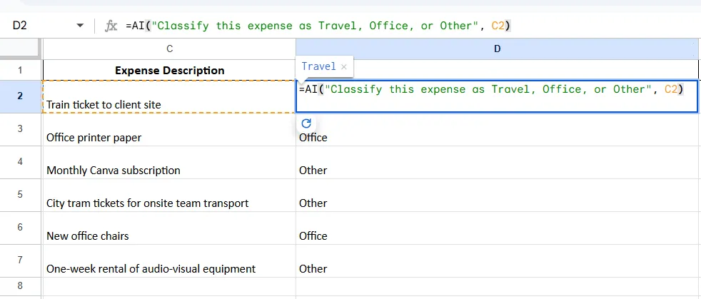 Ví dụ phân loại chi phí bằng hàm AI trong Google Sheets