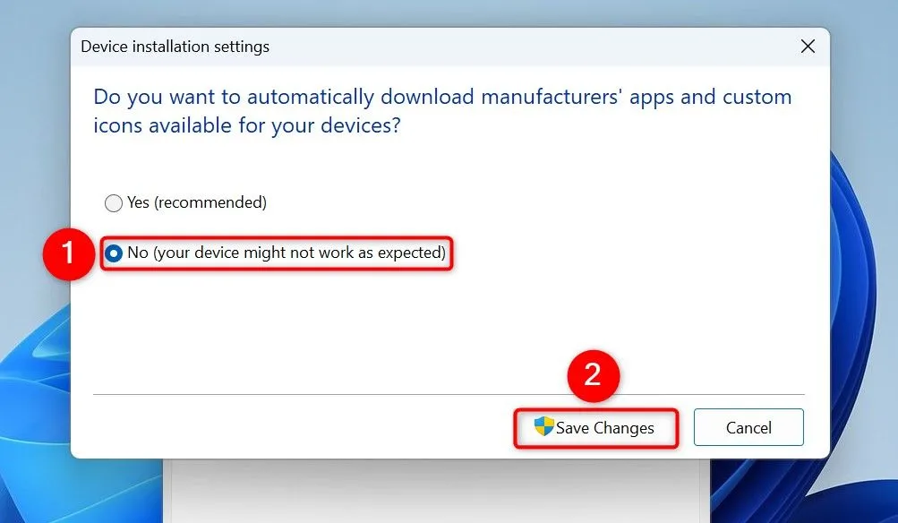 Vô hiệu hóa cài đặt driver tự động bằng cách chọn No trong Device Installation Settings