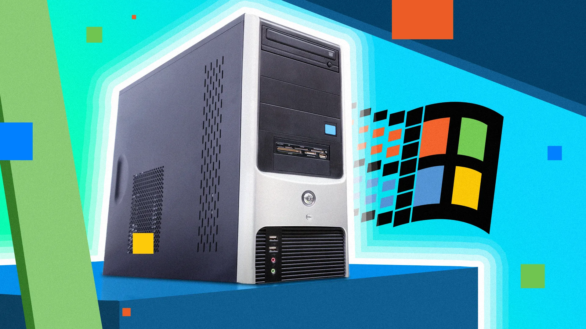 Vỏ máy tính cổ điển với logo Windows, gợi nhớ thời kỳ PC đơn giản hơn