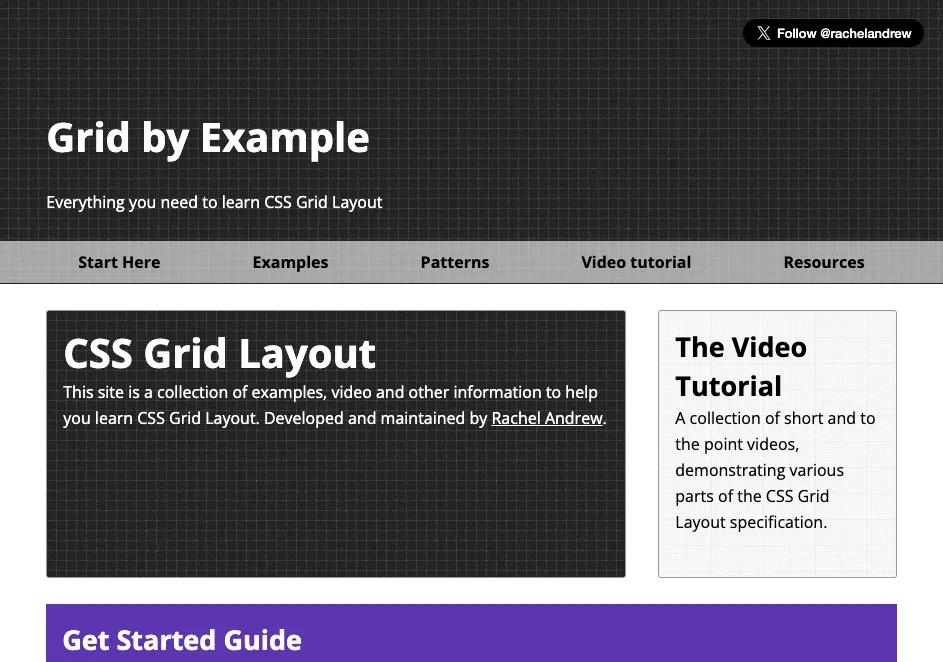 Website Grid by Example với các phần như Examples, Video Tutorial và Get Started Guide.