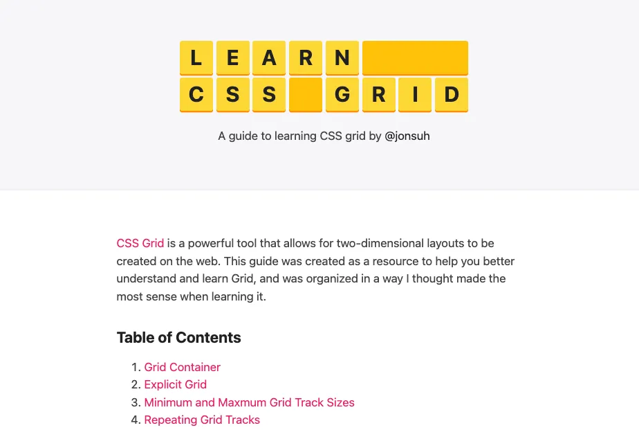 Website Learn CSS Grid với phần giới thiệu ngắn gọn và mục lục các phần như Grid Container và Explicit Grid.