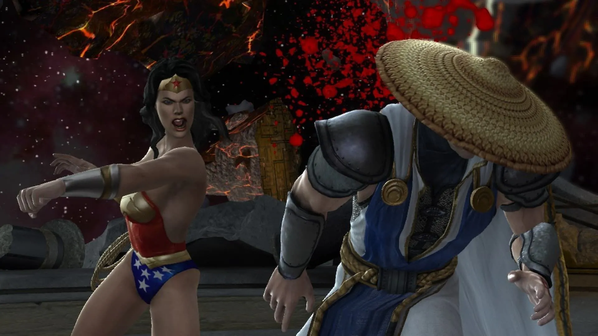 Wonder Woman của DC Universe tung cú đấm vào Raiden của Mortal Kombat trong Mortal Kombat Vs. DC Universe