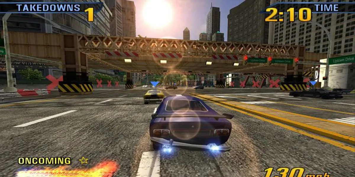 Xe đua đang drift qua khúc cua hẹp trong Burnout 3 Takedown