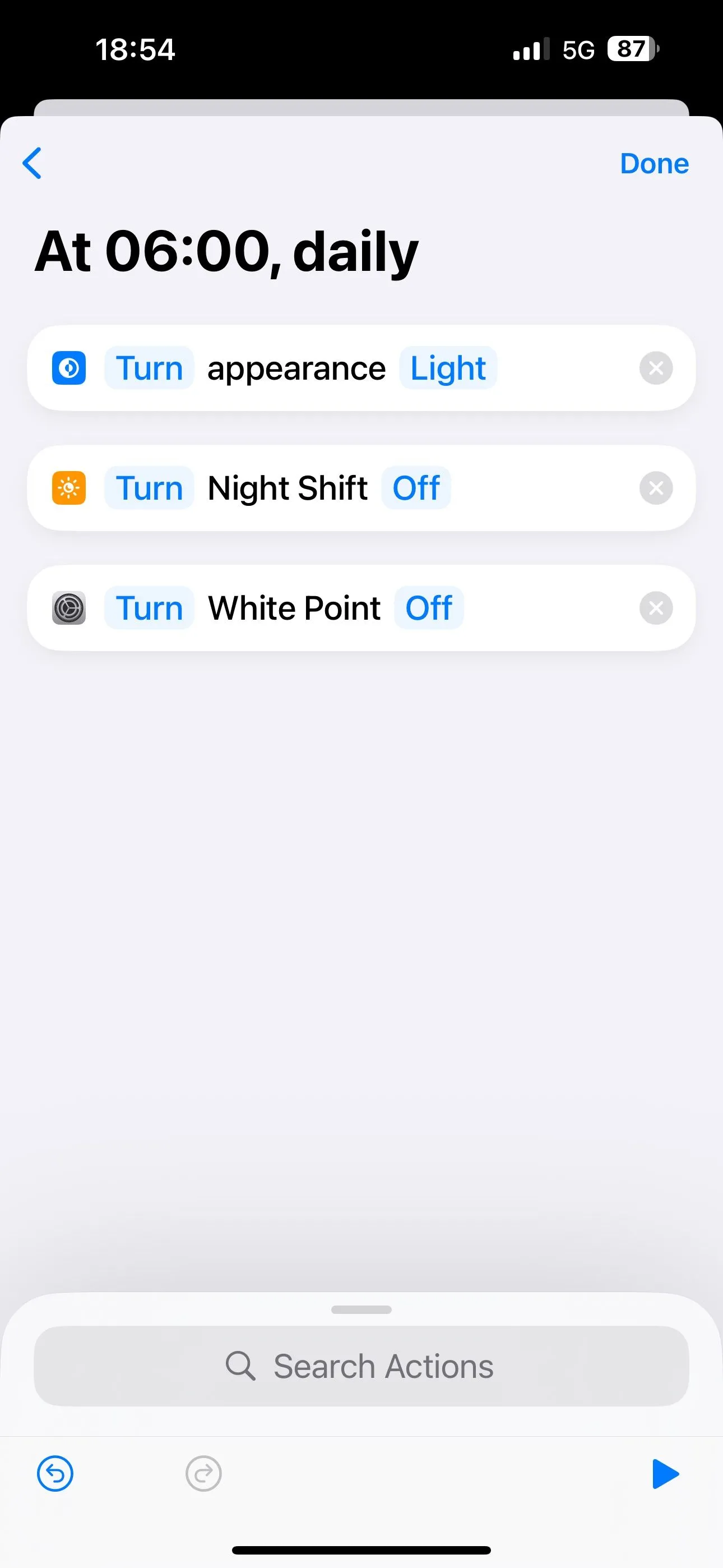 Xem lại các hành động đã thêm vào tự động hóa Phím tắt iPhone để bật/tắt cài đặt ban đêm