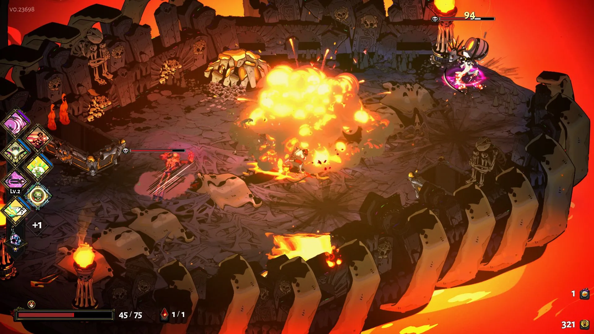 Zagreus đối đầu với một boss lớn trong một phòng chiến đấu của Hades