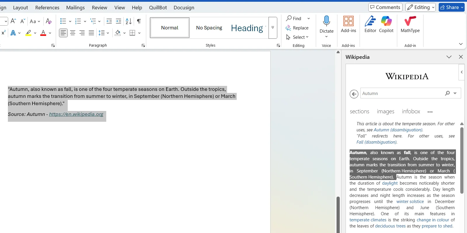 Add-in Wikipedia trong Word hiển thị kết quả tìm kiếm thông tin và tùy chọn chèn