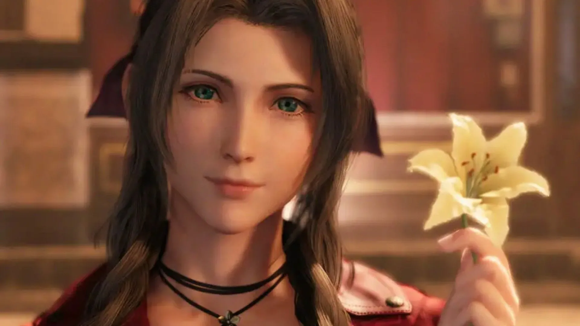Aerith Gainsborough cầm một bông hoa duyên dáng, biểu tượng của sự tinh khiết và hy vọng, trong một khoảnh khắc thanh bình của Final Fantasy VII