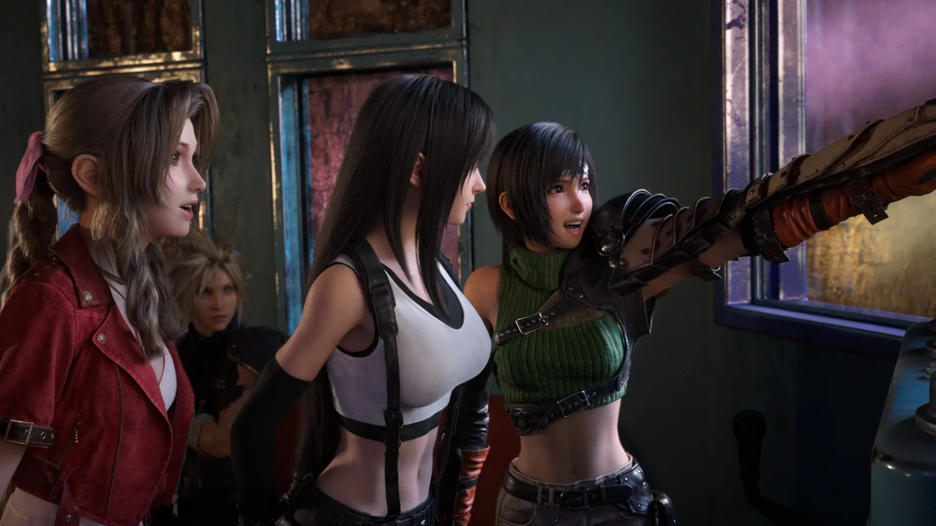 Aerith, Tifa, Yuffie và Cloud từ Final Fantasy VII Rebirth tiếp cận Gold Saucer, thành phố giải trí lớn