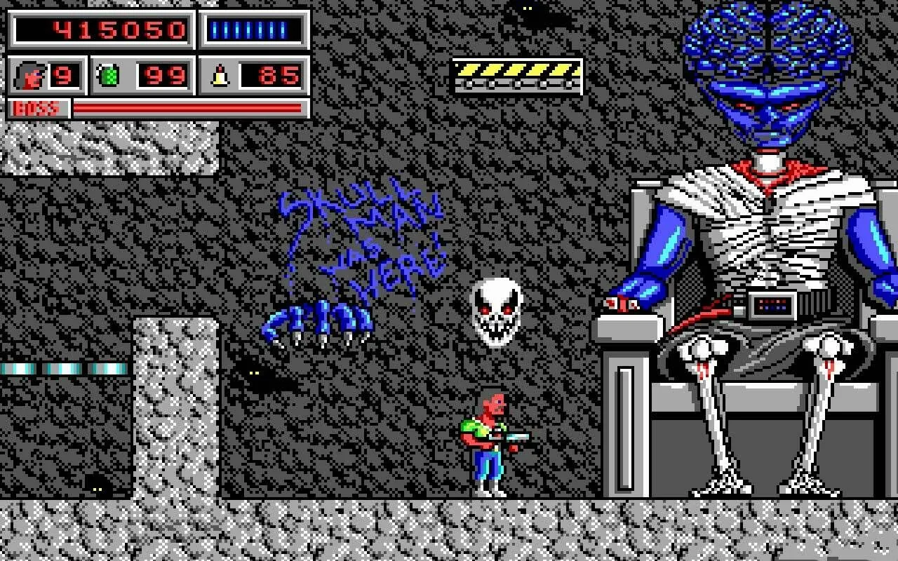 Ảnh chụp màn hình game Bio Menace, hiển thị một quái vật ngoài hành tinh với bộ não lớn