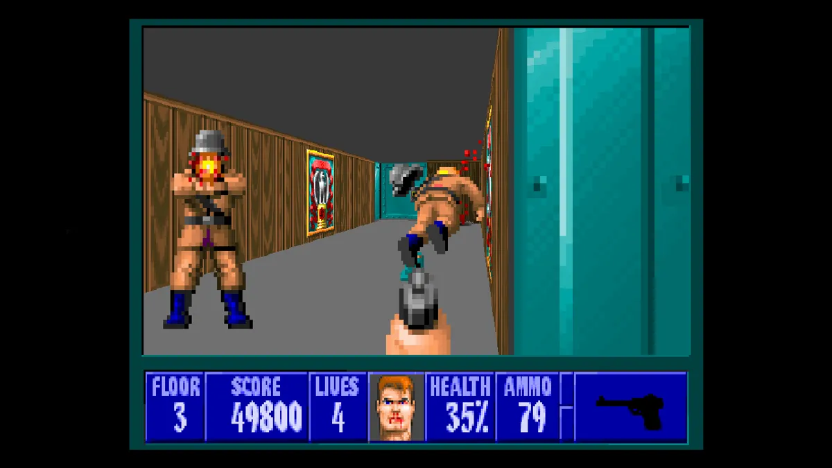 Ảnh chụp màn hình game Wolfenstein 3D, hiển thị góc nhìn thứ nhất với nhân vật địch và môi trường