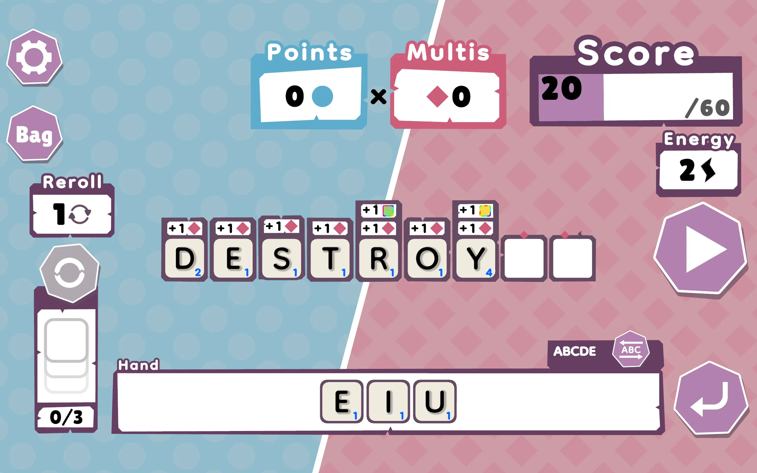 Ảnh chụp màn hình game Wordatro! trên PC, kết hợp lối chơi Scrabble và yếu tố Balatro.