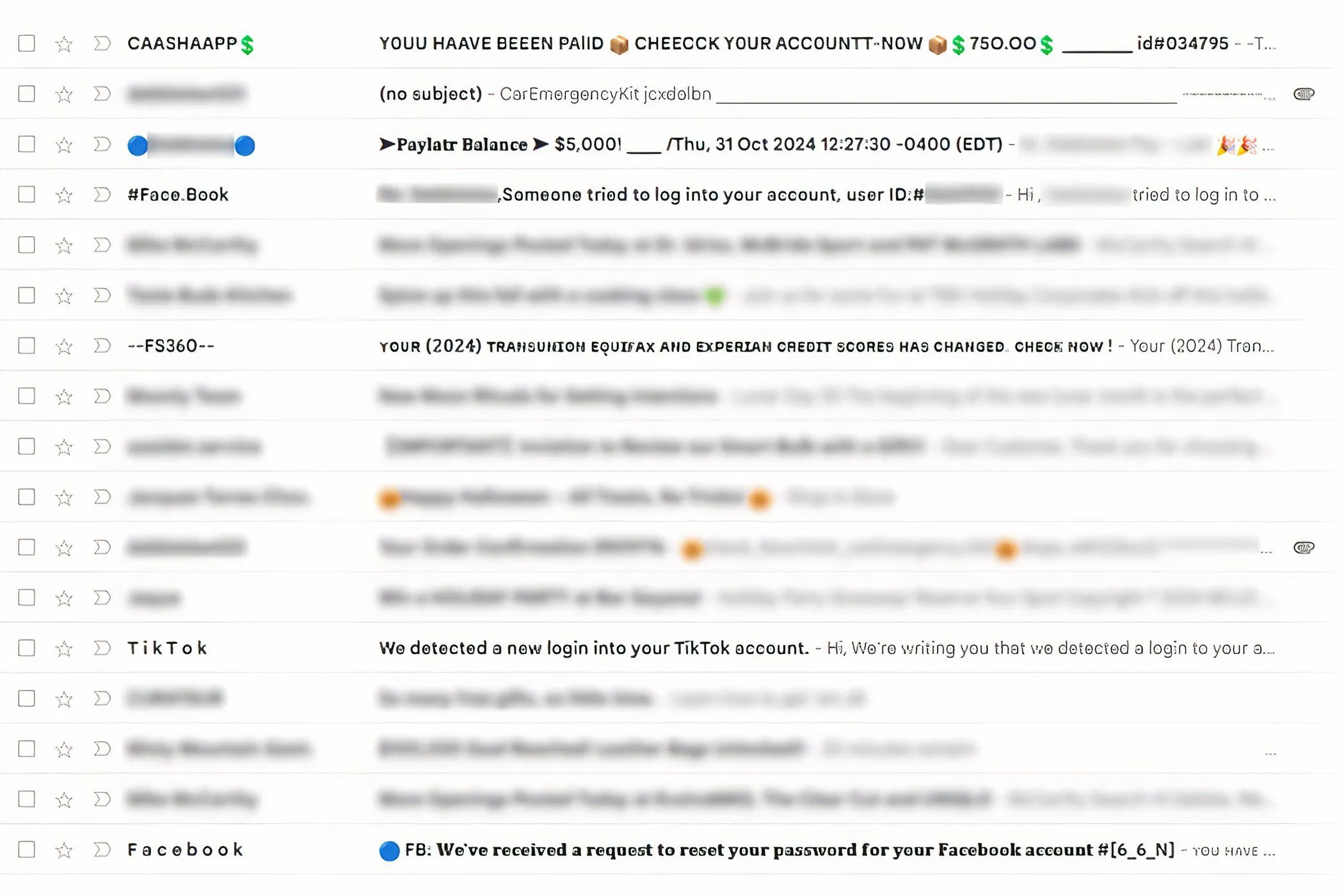 Ảnh chụp màn hình Gmail với hộp thư đến chứa nhiều email giả mạo hoặc thư rác