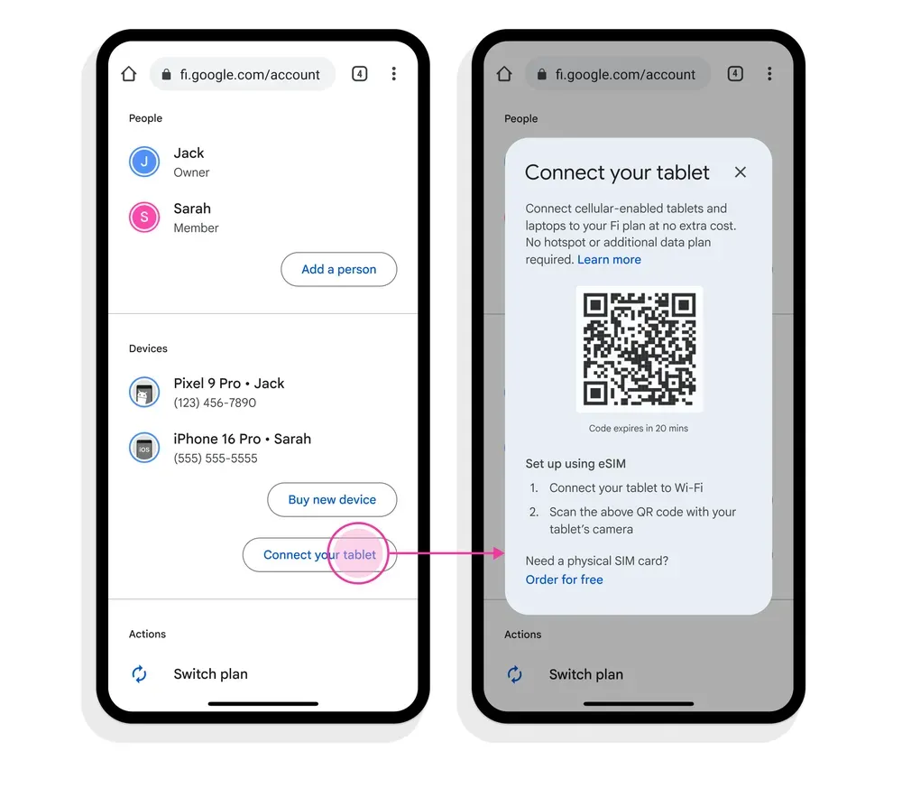 Ảnh chụp màn hình hướng dẫn thiết lập eSIM dữ liệu trên tablet Google Fi qua mã QR