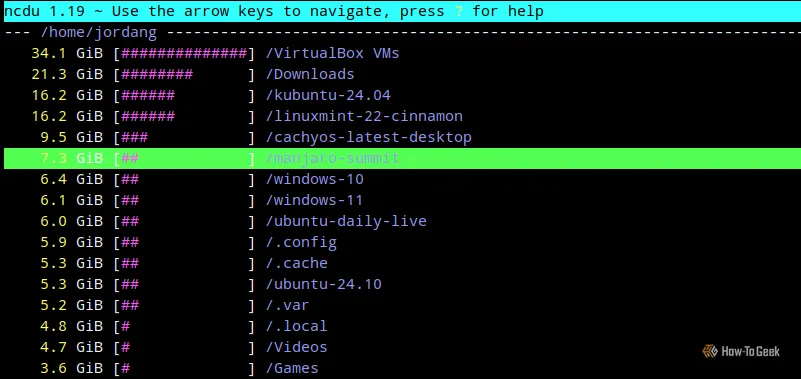 Ảnh chụp màn hình terminal Linux hiển thị kết quả lệnh ncdu với các thư mục và kích thước tương ứng theo thứ tự giảm dần