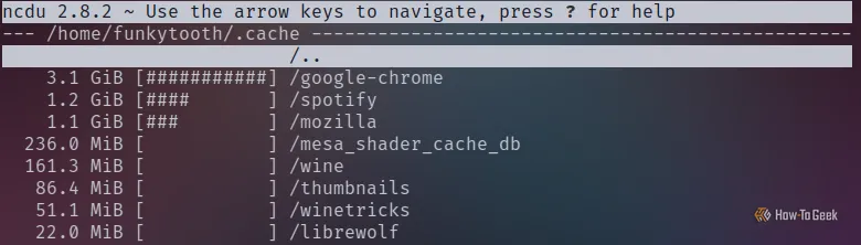 Ảnh chụp màn hình terminal Linux hiển thị kết quả quét của ncdu với các tệp bộ nhớ cache lớn của các ứng dụng