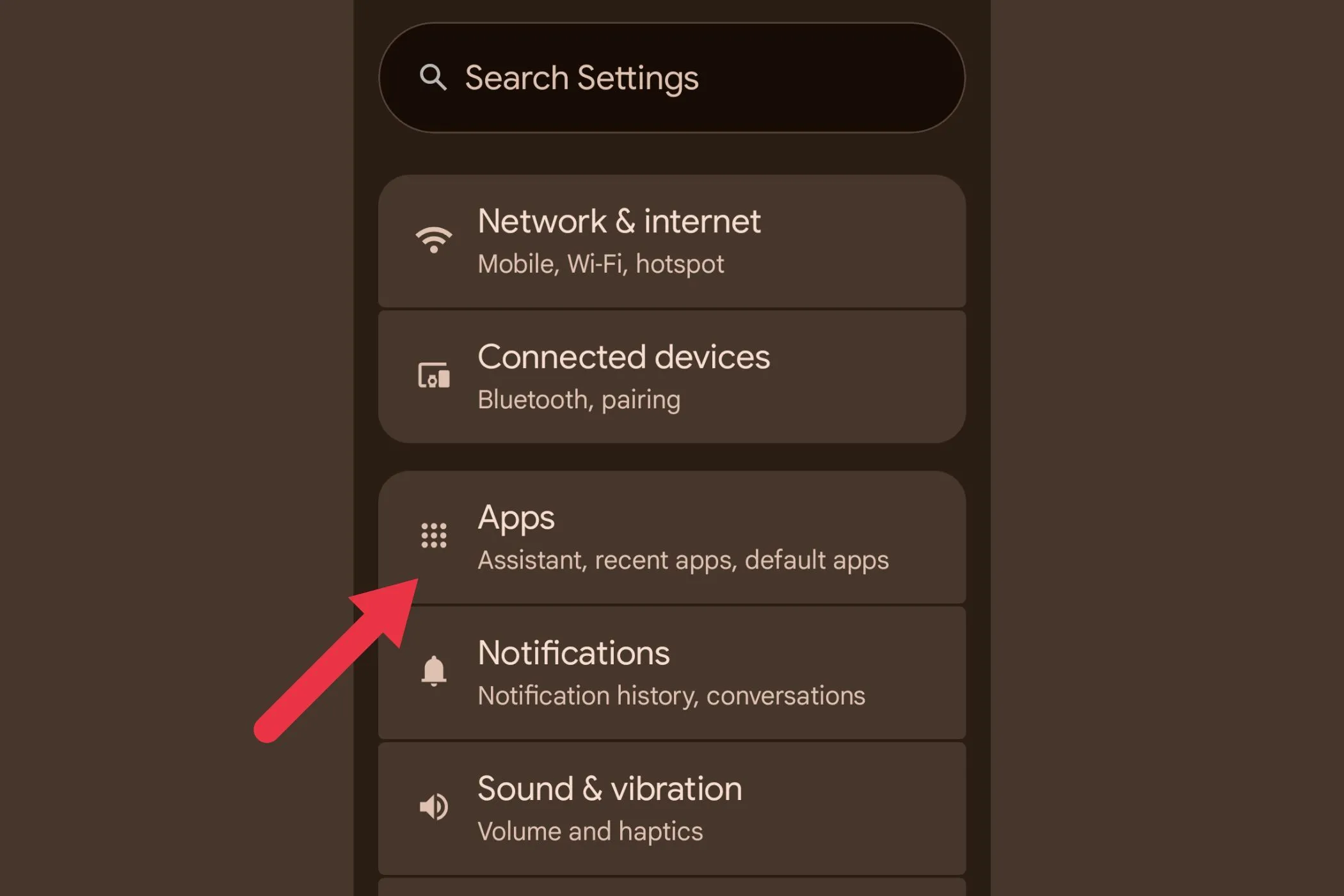 Ảnh chụp màn hình trang Cài đặt chính trên điện thoại Android, nơi người dùng có thể tìm đến các tùy chọn quản lý ứng dụng và thông báo.