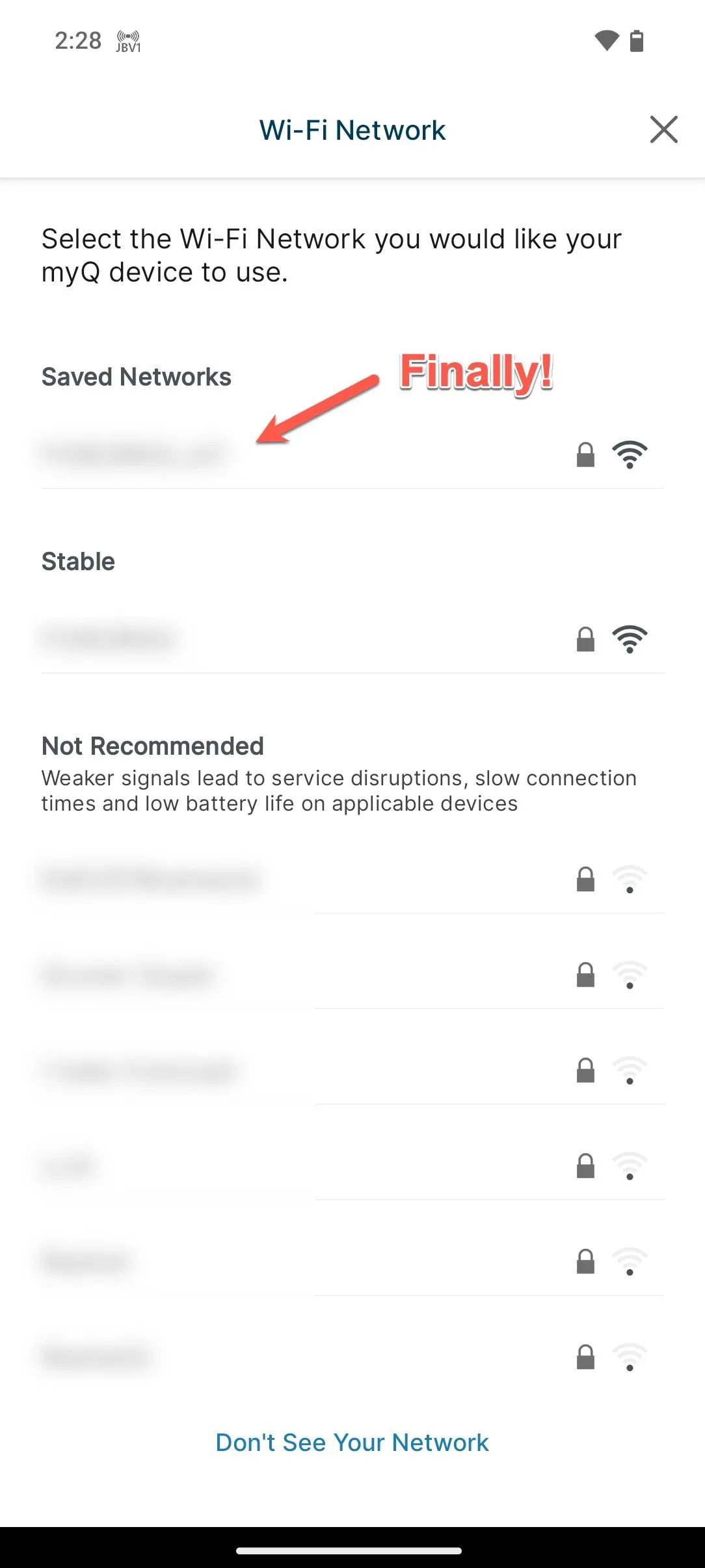 Ảnh chụp màn hình ứng dụng MyQ Android: Chọn mạng thành công.