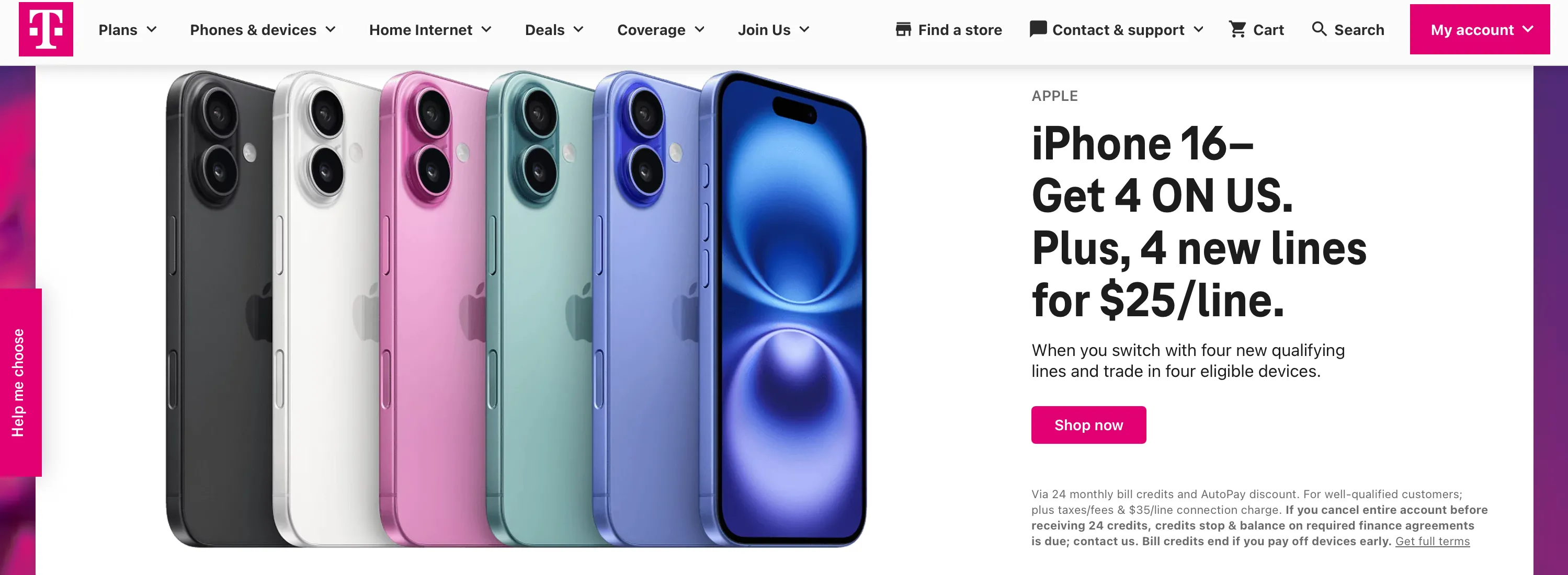 Ảnh chụp màn hình ưu đãi iPhone 16 trên trang chủ T-Mobile, khuyến nghị đọc kỹ các điều khoản in nhỏ.