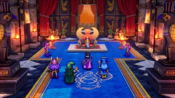 Anh hùng và đội của mình trong một cung điện kiểu Ai Cập trong bản remake JRPG Dragon Quest 3 HD-2D