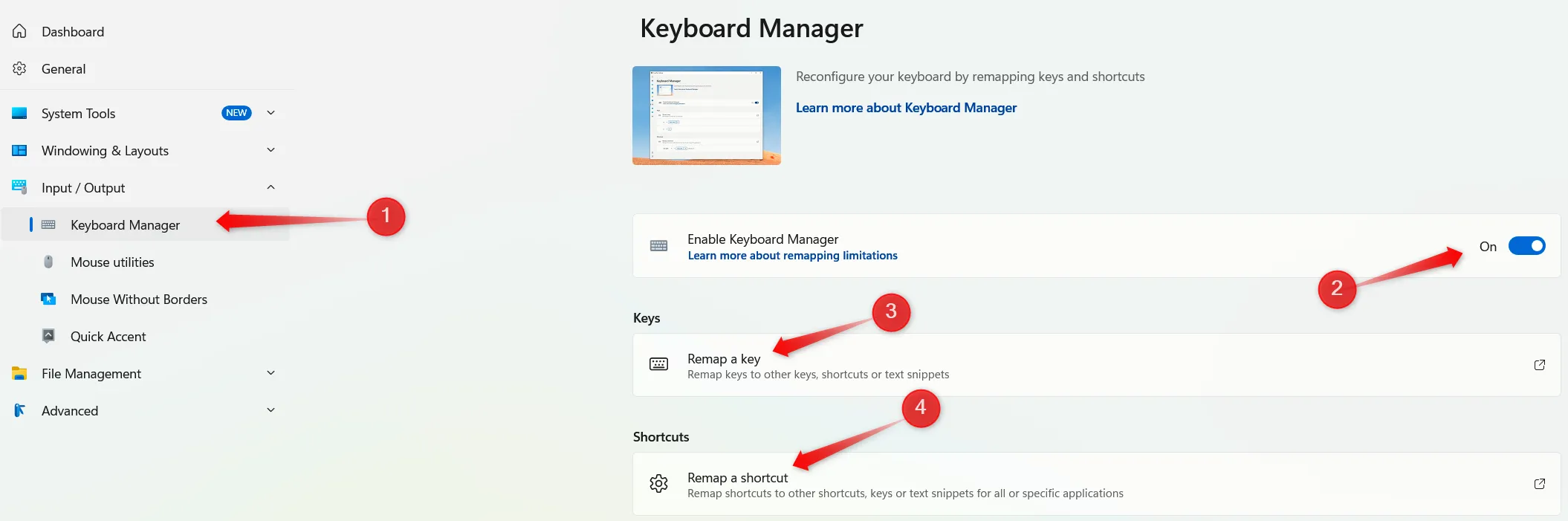 Ánh xạ lại phím hoặc phím tắt bằng công cụ Keyboard Manager trong ứng dụng PowerToys trên Windows.