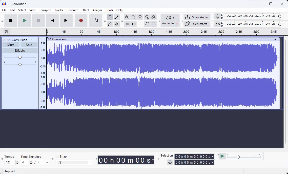 Audacity đang chạy trên Windows hiển thị màn hình chỉnh sửa chính với một tệp âm thanh mẫu được tải