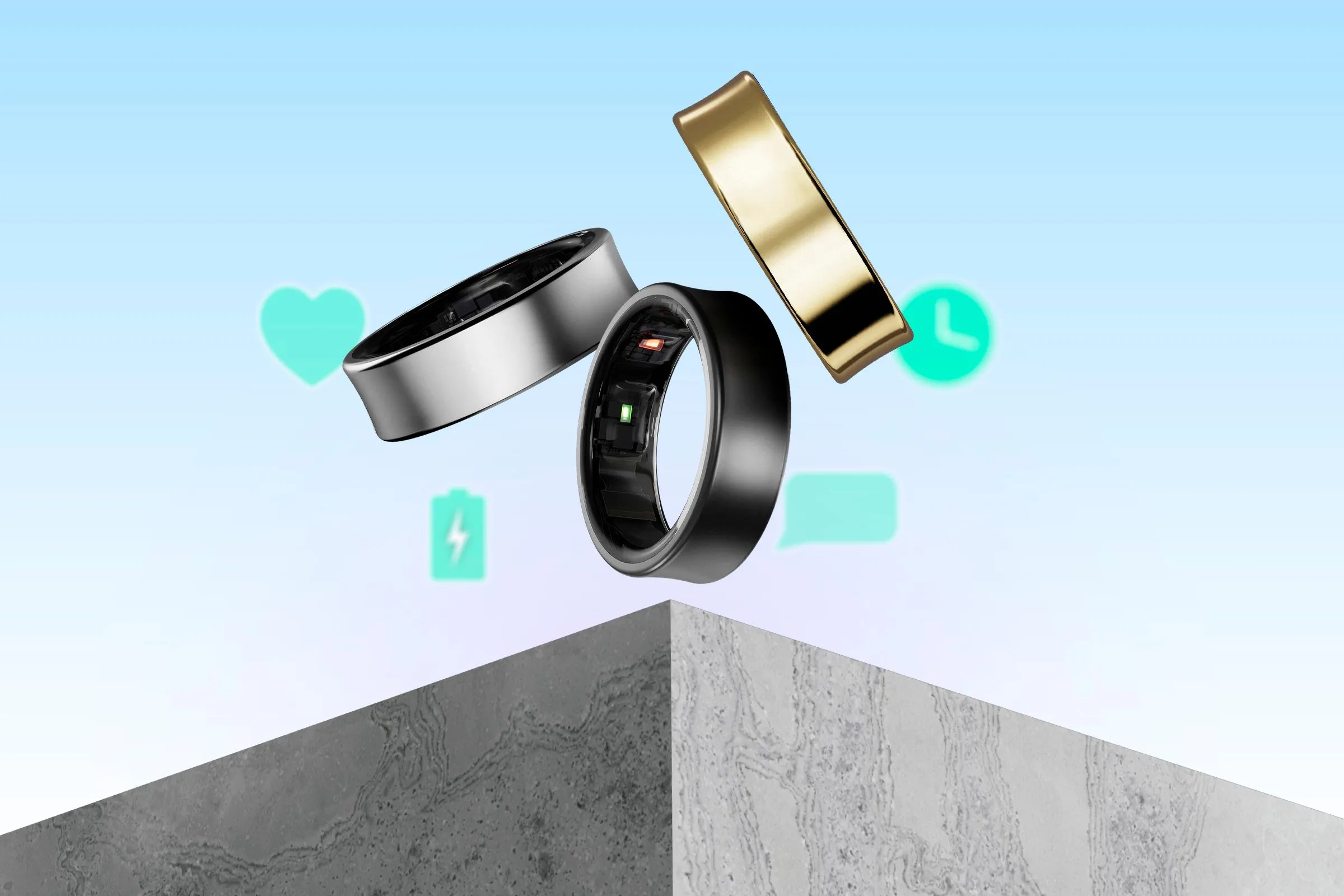 Ba chiếc nhẫn thông minh Samsung Galaxy Ring thế hệ mới đặt trên bề mặt, dự kiến cải thiện tính năng theo dõi sức khỏe và AI