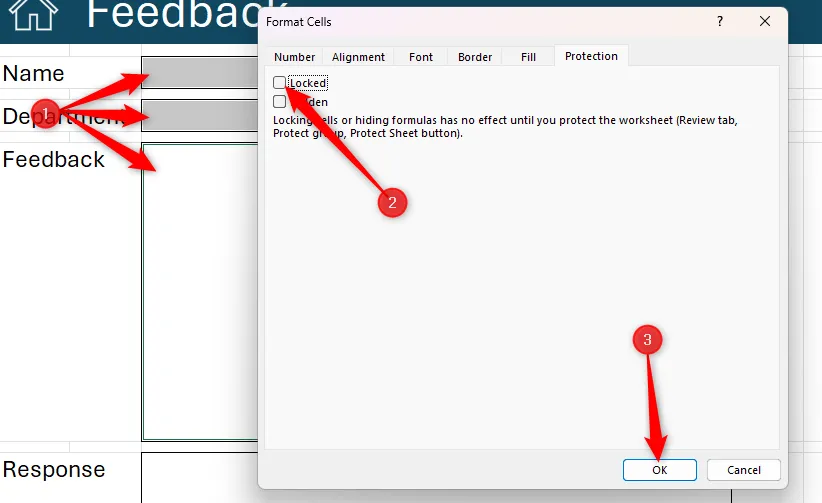 Ba ô trong Excel được chọn, và tùy chọn &quot;Locked&quot; (Khóa) trong tab &quot;Protection&quot; (Bảo vệ) của hộp thoại Format Cells đã được bỏ chọn để mở khóa