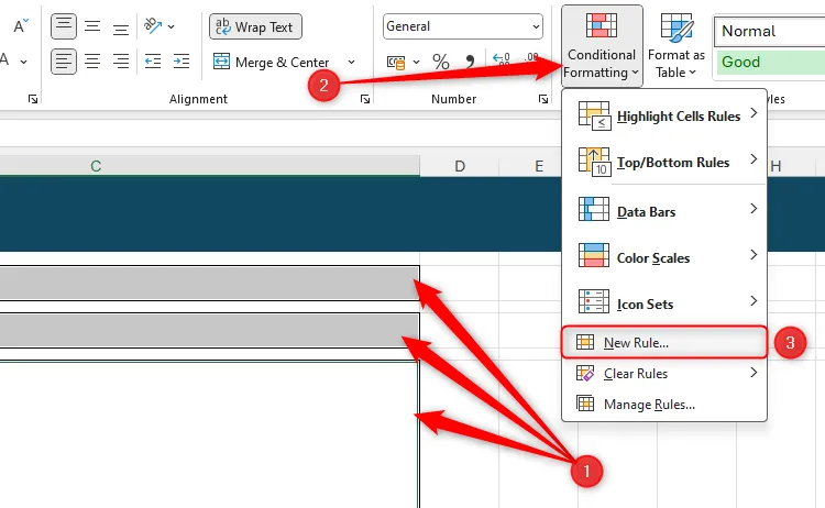 Ba ô trong Excel được chọn, và tùy chọn &quot;New Rule&quot; (Quy tắc mới) trong menu thả xuống &quot;Conditional Formatting&quot; (Định dạng có điều kiện) được tô sáng