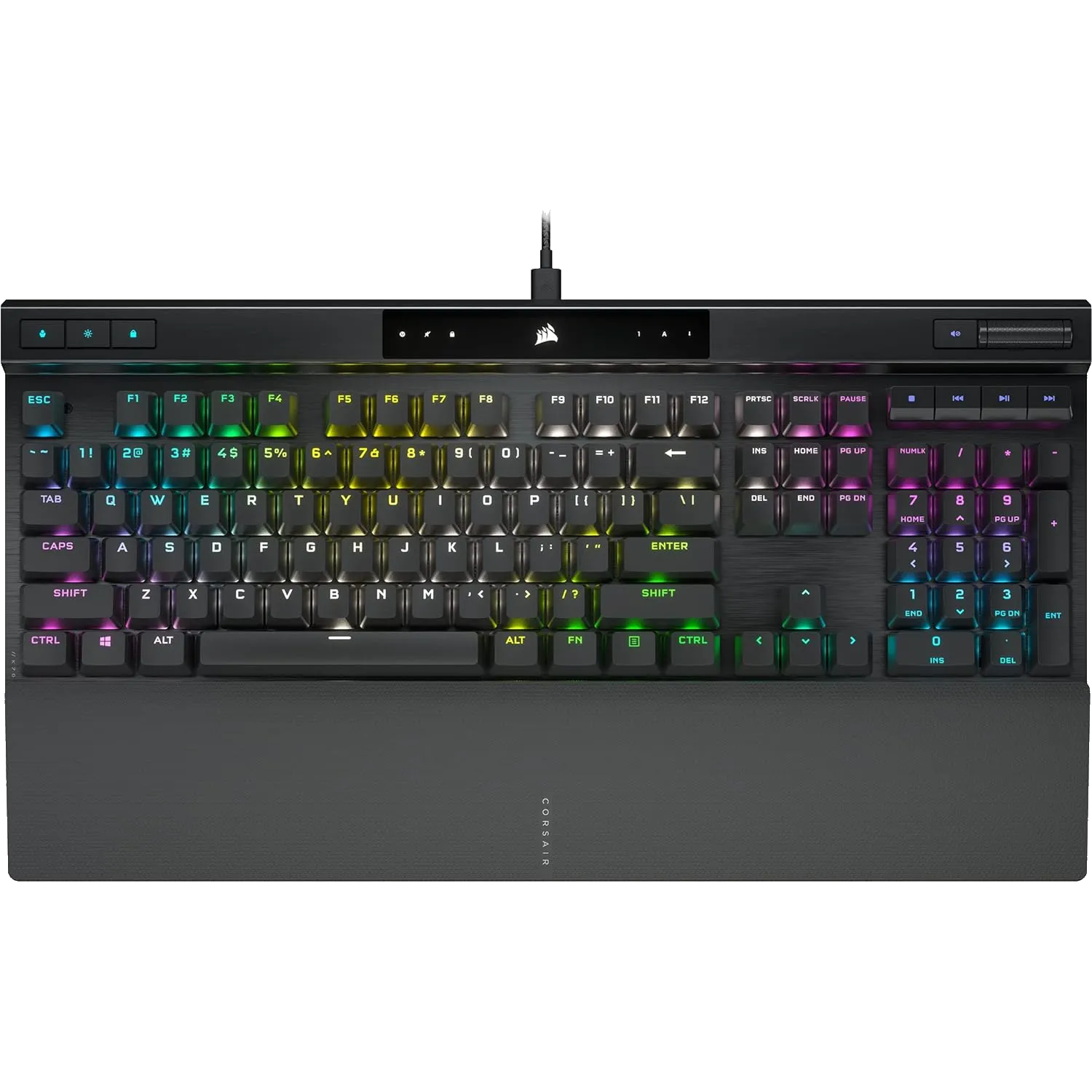 Bàn phím cơ gaming Corsair K70 PRO với các phím điều khiển media chuyên dụng và con lăn âm lượng tiện lợi, đại diện cho dòng bàn phím cao cấp có tính năng hữu ích này.