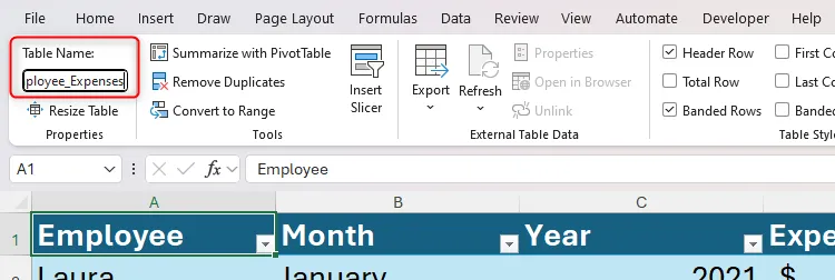 Bảng dữ liệu trong Excel đang được đổi tên thành &quot;Employee_Expenses&quot; trong tab Thiết kế Bảng, giúp quản lý dữ liệu hiệu quả