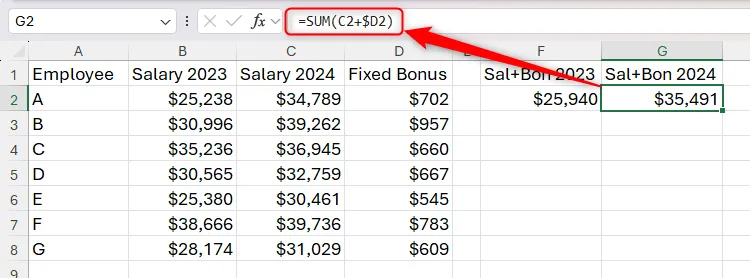 Bảng Excel chứa công thức tham chiếu hỗn hợp đã điều chỉnh theo cột công thức được nhập