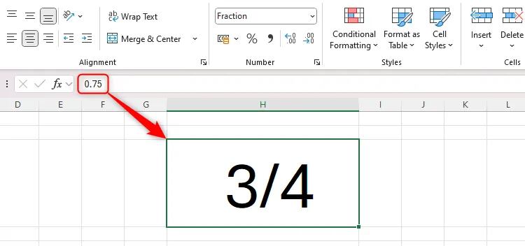 Bảng Excel chứa số 0.75 được chuyển đổi thành dạng phân số