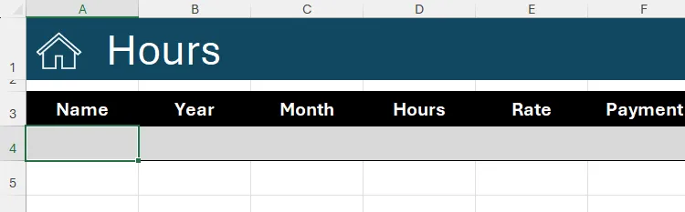 Bảng Excel với các tiêu đề cột, ô trống đầu tiên dưới cột &quot;Name&quot; được chọn để thiết lập quy tắc xác thực dữ liệu