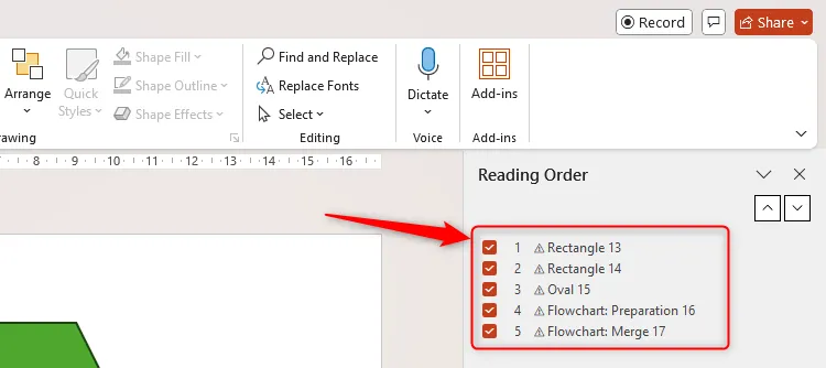 Bảng Thứ tự đọc (Reading Order Pane) trong PowerPoint hiển thị các đối tượng với tên chung chung, gây khó khăn cho việc sắp xếp thứ tự đọc cho trình đọc màn hình.