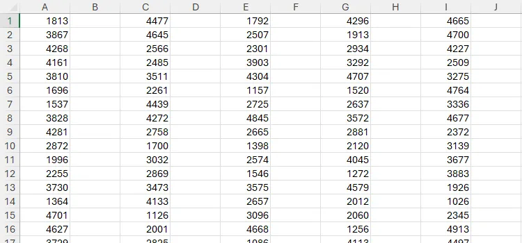 Bảng tính Excel hiển thị các cột trống xen kẽ giữa các cột dữ liệu