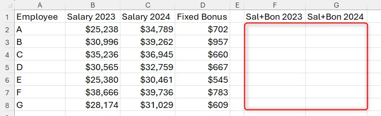 Bảng tính Excel với hai cột trống chờ tính tổng lương và thưởng của nhân viên