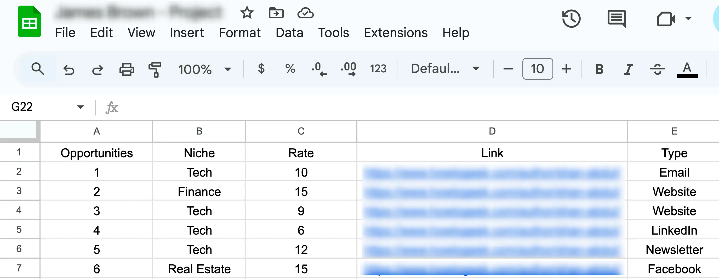 Bảng tính Google Sheets theo dõi các cơ hội việc làm freelance, hiển thị các liên kết và trạng thái ứng tuyển.