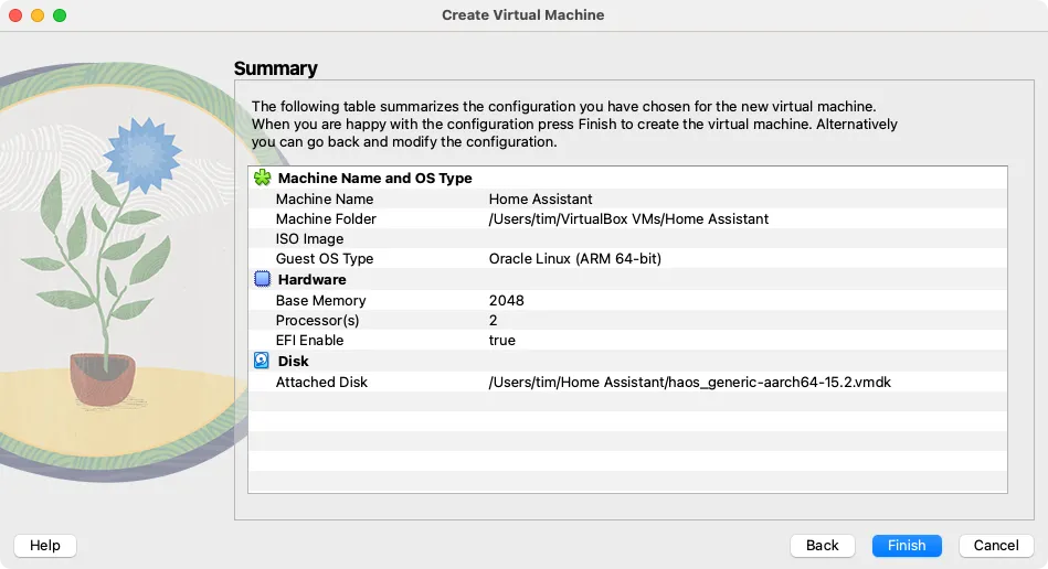 Bảng tóm tắt cấu hình máy ảo Home Assistant đã tạo trong VirtualBox.