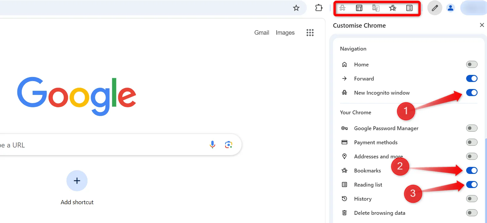 Bật các tùy chọn có chọn lọc trên thanh công cụ của Chrome