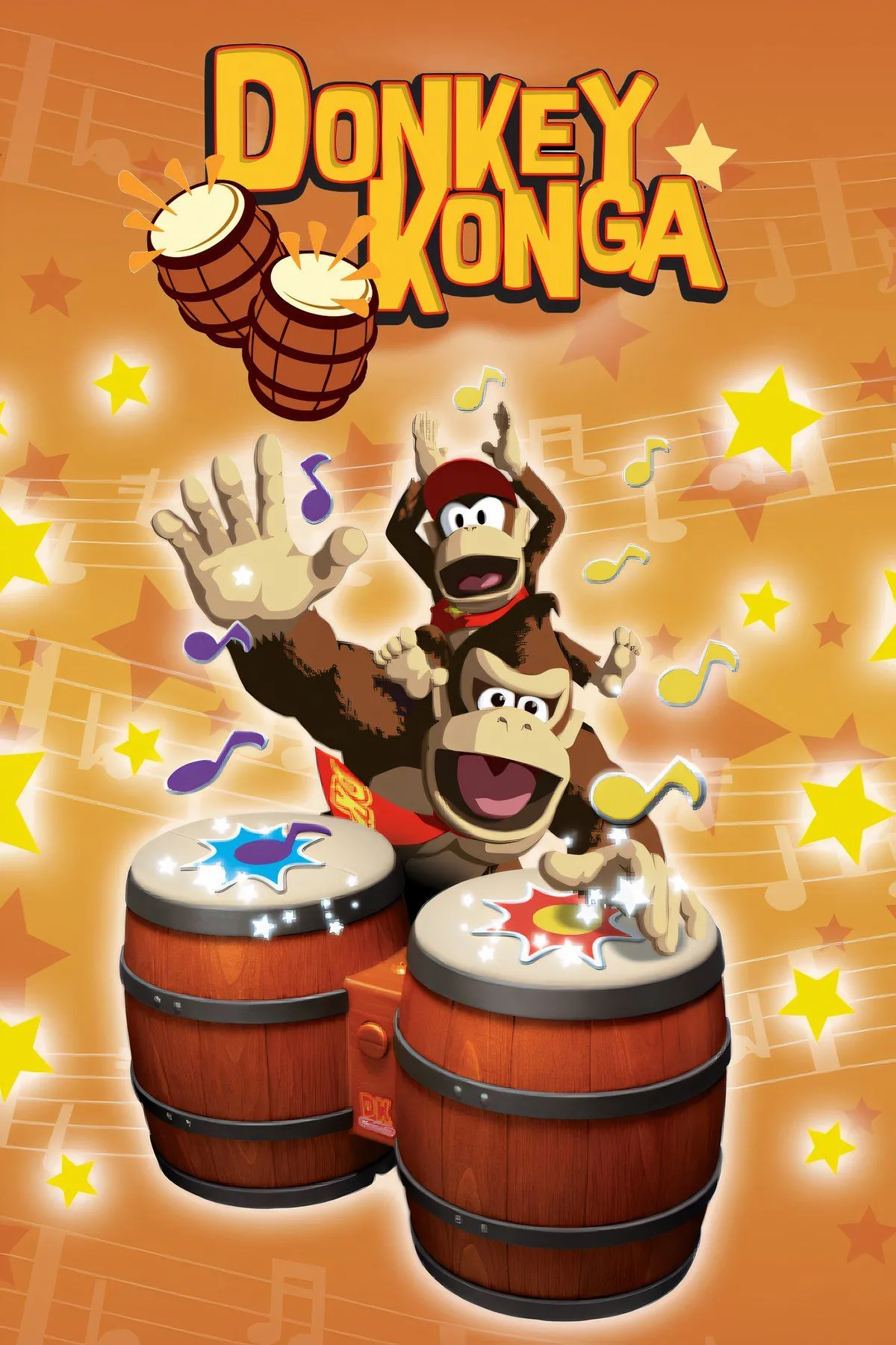 Bìa game Donkey Konga với Donkey Kong và Diddy Kong chơi trống bongo, giới thiệu về tay cầm trống độc đáo
