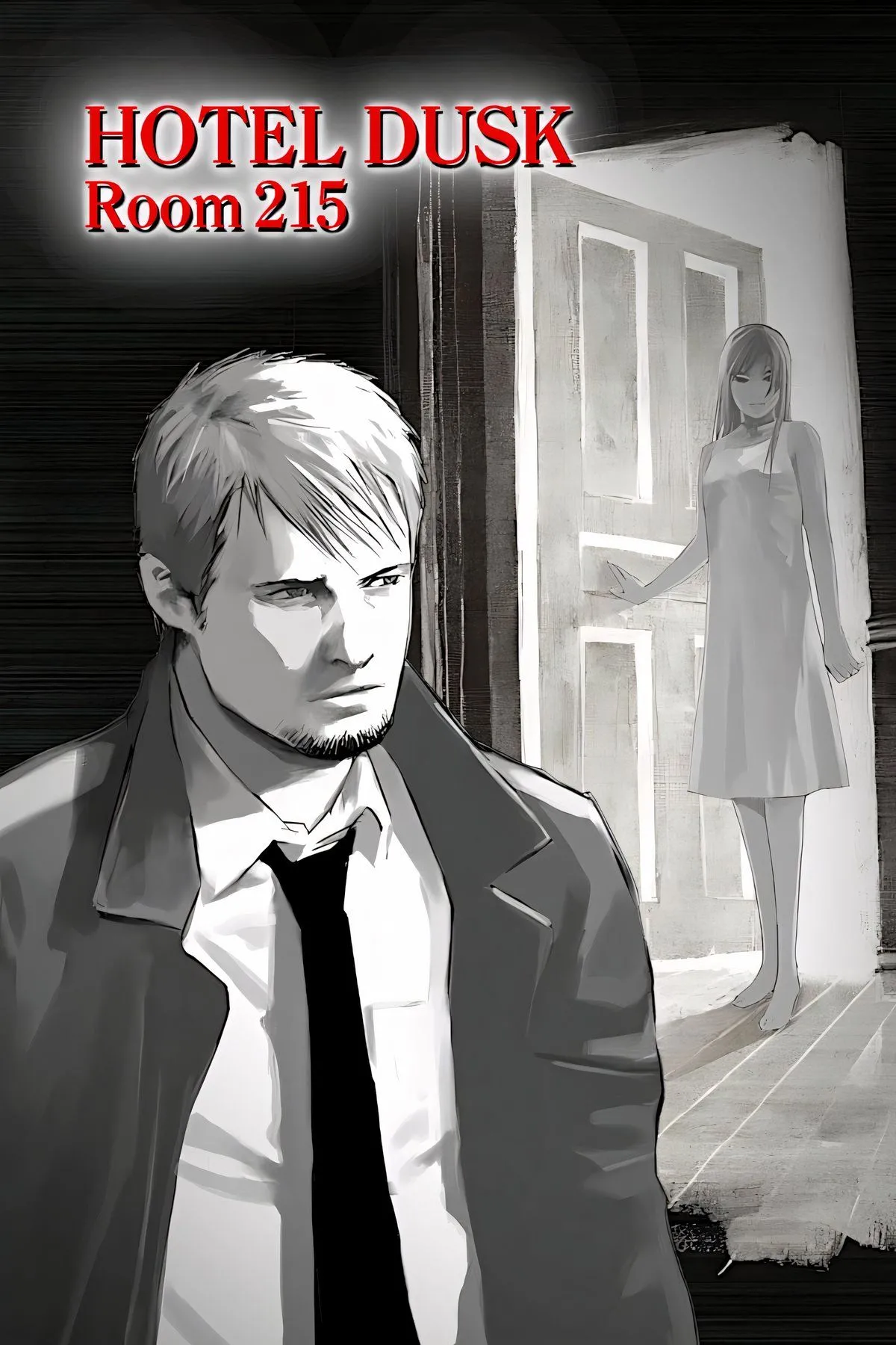 Bìa game Hotel Dusk: Room 215 với hình ảnh thám tử Kyle Hyde và một cô gái bí ẩn, trong phong cách đồ họa phác thảo