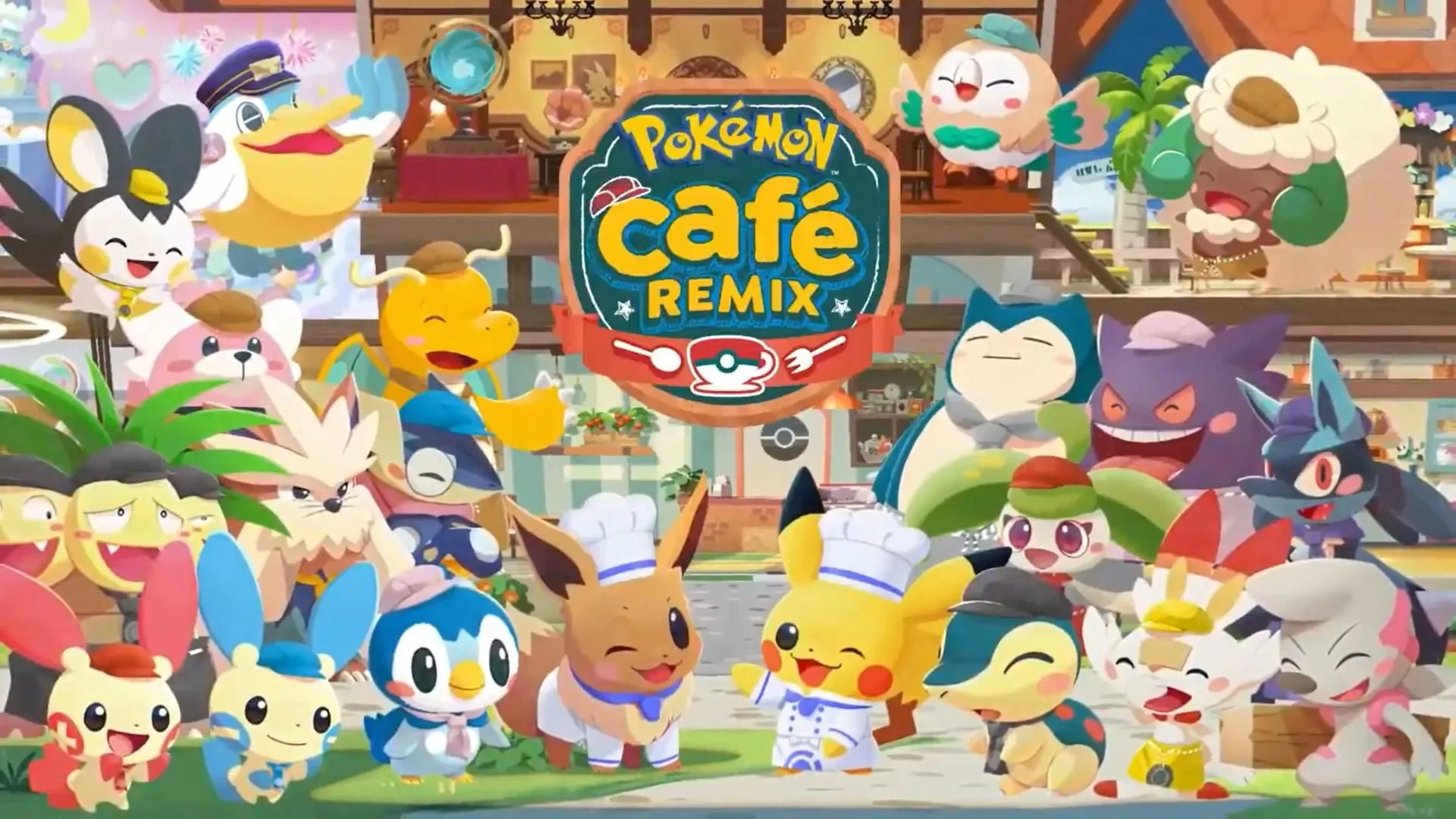 Bìa game Pokémon Café ReMix với hình ảnh các Pokémon làm việc trong quán cà phê.